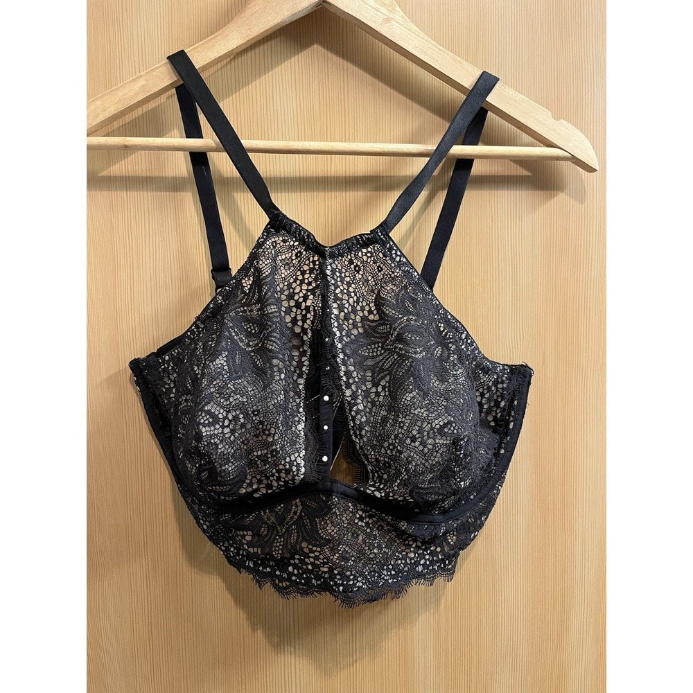 Victoria's Secret Very Sexy Bra 38D Black Lace Unlined Plunge Halter Bralette